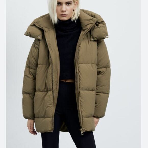 ZARA hooded puffer coat khaki green zip water repellent women's size XS - Picture 1 of 12